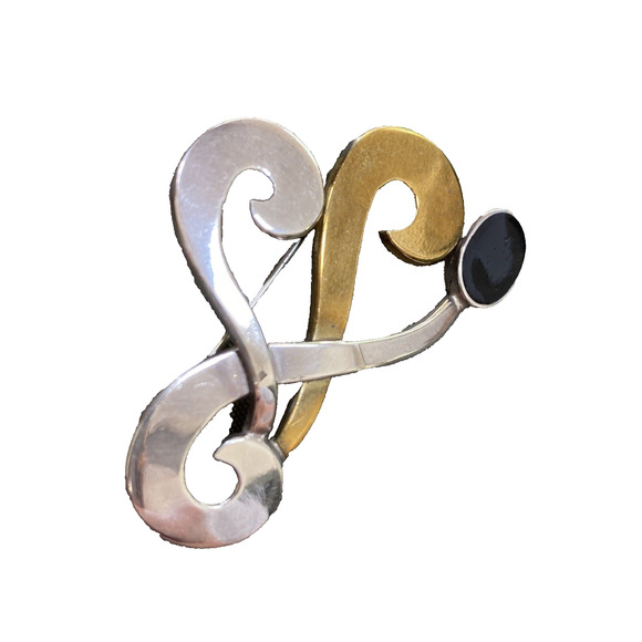 Sterling Silver 925 Black Onyx Inlay Modernist Brooch Signed Laton Mexico A-142 - Picture 6 of 6